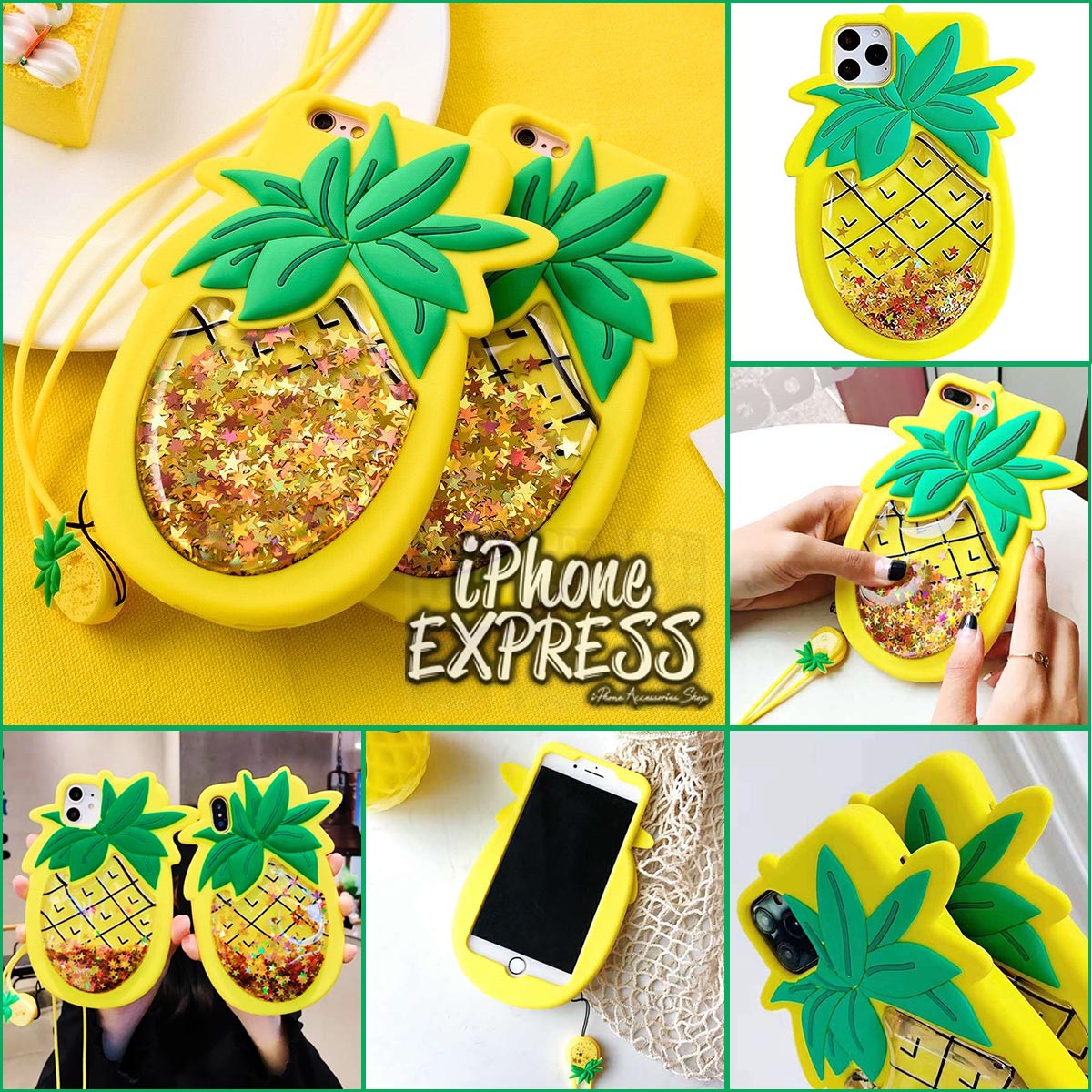 3D PineApple iPhone Case with moving Glitter and Lanyard