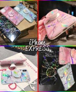 Holographic Laser High Quality Rainbow Chrome Marble Silicon Case for iPhones with Holder Pop Grip