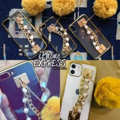 Luxury Bling Electroplated Gold Soft tpu Silicon iPhone Case with furball pearl chain