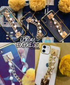 Luxury Bling Electroplated Gold Soft tpu Silicon iPhone Case with furball pearl chain