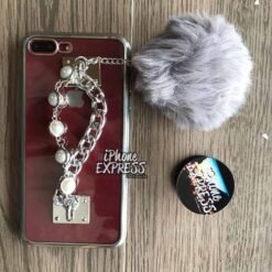 Alternative view of Luxury Bling Electroplated Silver Soft tpu Silicon iPhone Case with furball pearl chain