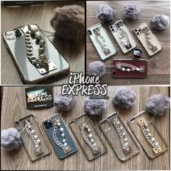Luxury Bling Electroplated Silver Soft tpu Silicon iPhone Case with furball pearl chain