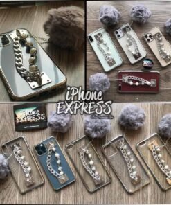 Luxury Bling Electroplated Silver Soft tpu Silicon iPhone Case with furball pearl chain