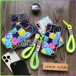 Cute Keep Smiling Colorful smiles Exquisite thick transparent Camera Protection case with lanyard for iPhones