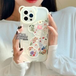 Cute Floral Bear white outline Thick Bumper iPhone case in Pakistan