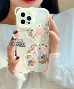 Cute Floral Bear white outline Thick Bumper iPhone case in Pakistan