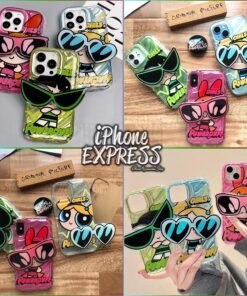 New Classic Cartoon Pink Blue Green PowerPuff thick bumper cases with matching glasses holder